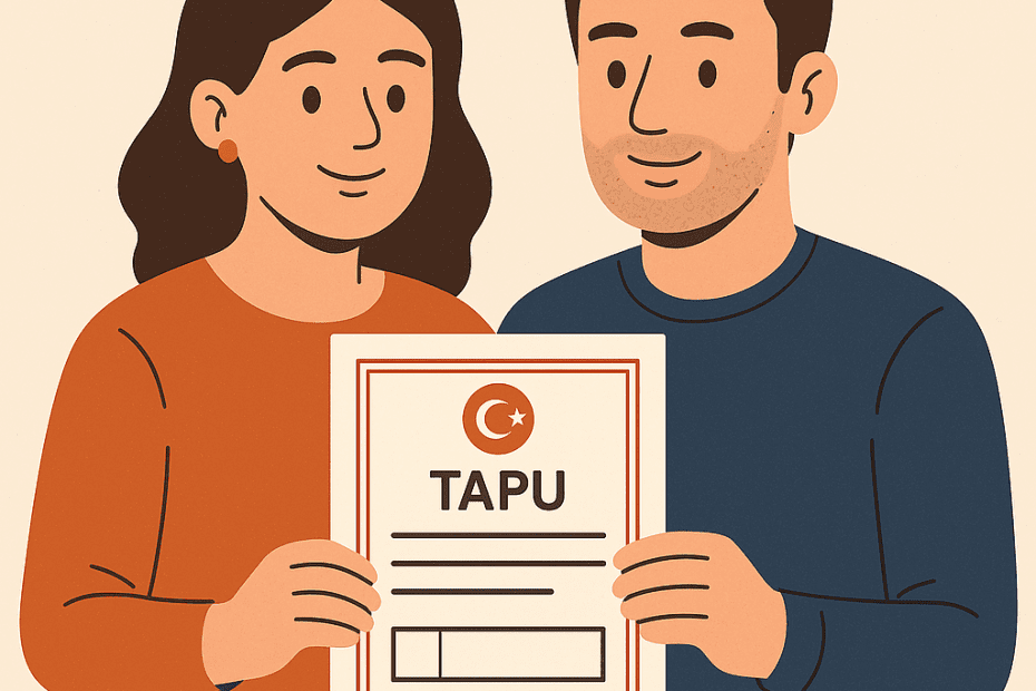 Tapu Kaydındaki Kimlik Bilgilerinin Düzeltilmesi davası konulu illüstrasyonda, ellerinde tapu tutan karı koca yer almakta.