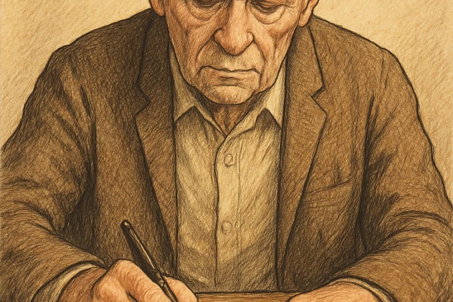 Bir masa başında oturan yaşlı bir adam, önündeki boş kağıda odaklanmış şekilde tükenmez kalemle yazı yazıyor; illüstratif tarzda çizilmiş ve doğrudan karşıdan görünüyor.