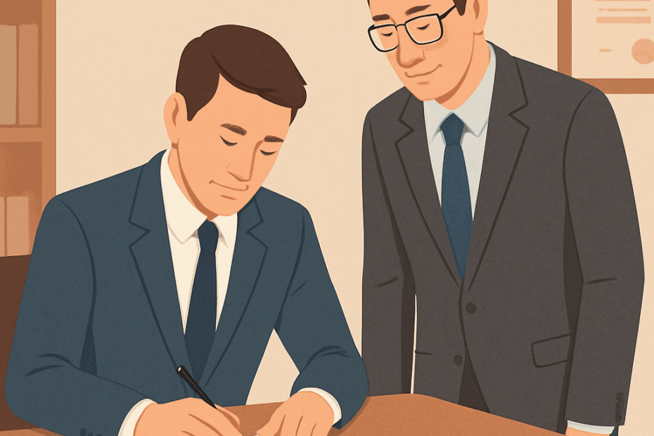 Bir ofiste iki takım elbiseli erkekten biri masa başında bir evrak imzalarken, diğeri ayakta durarak belgeyi denetliyor; kooperatif ortaklık devrini temsil eden bir sahne.