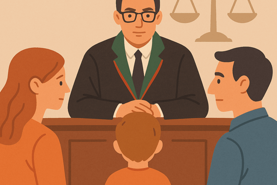 Bir aile mahkemesi illüstrasyonu: Ortada duran bir çocuk, solunda annesi, sağında babasıyla birlikte; karşıda yeşil yakalı cübbesiyle oturan bir Türk hukuk hakimi yer alıyor. velayetin değiştirilmesi tartışılıyor