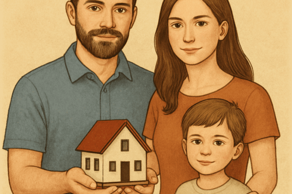 Aile konutu şerhi hakkında bilgi veren makaleye uygun görsel. Elinde maket ev tutan bir baba, yanında eşi ve çocuğuyla birlikte aile konutunun korunmasını simgeliyor.