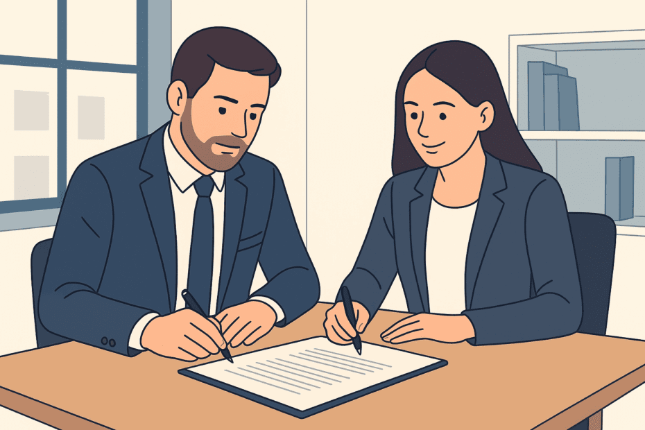 İşçi ve işverenin cezai şart içeren iş sözleşmesini imzaladığı profesyonel masa başı sahnesi.