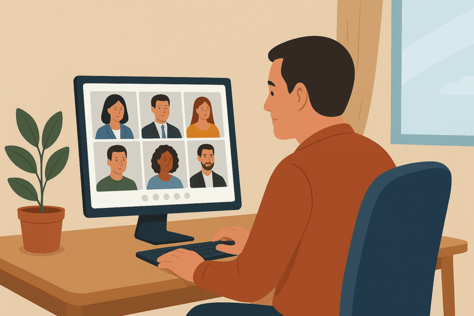 Bir masa başında oturan erkek, bilgisayar ekranı üzerinden altı kişinin katıldığı çevrimiçi kooperatif genel kurul toplantısını izliyor. Ekranda toplantıya katılan diğer üyeler görülüyor. Görsel, kooperatiflerde elektronik genel kurul sisteminin dijital ortamda nasıl işlediğini anlatan bir illüstrasyondur.