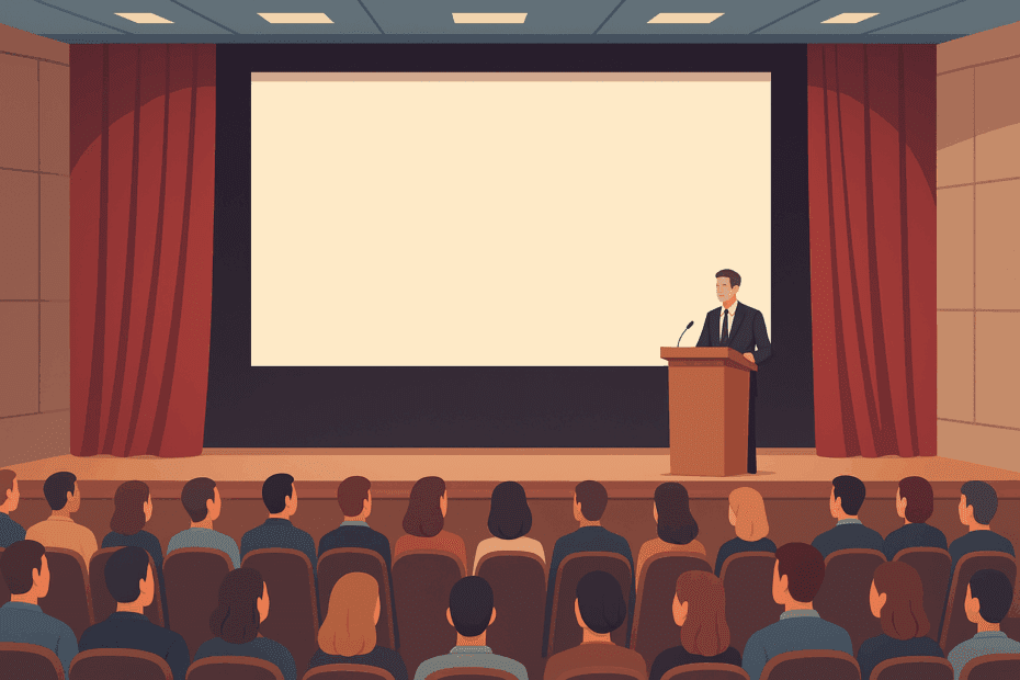 Konferans salonunda toplanmış kooperatif ortaklarını temsil eden kişiler, genel kurul toplantısında bir araya gelmiş şekilde illüstrasyon.