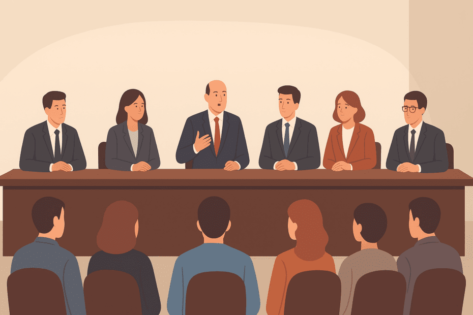 Kooperatif genel kurul toplantısında masada oturan yönetim kurulu üyeleri ve karşılarında oy kullanan ortaklar. Kooperatif genel kurul kararlarına karşı dava süreçlerini temsil eden illüstrasyon.