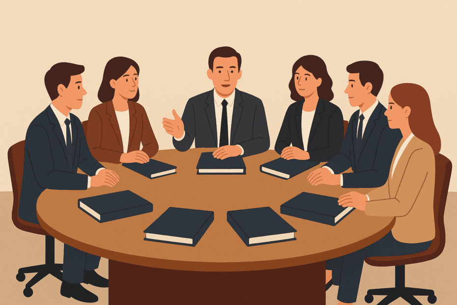 Kooperatif yönetim kurulu üyelerinin karar alma süreçlerini temsil eden, bir masa etrafında toplanmış yedi kişiyi ve önlerinde bulunan evrak dosyalarını gösteren illüstrasyon.