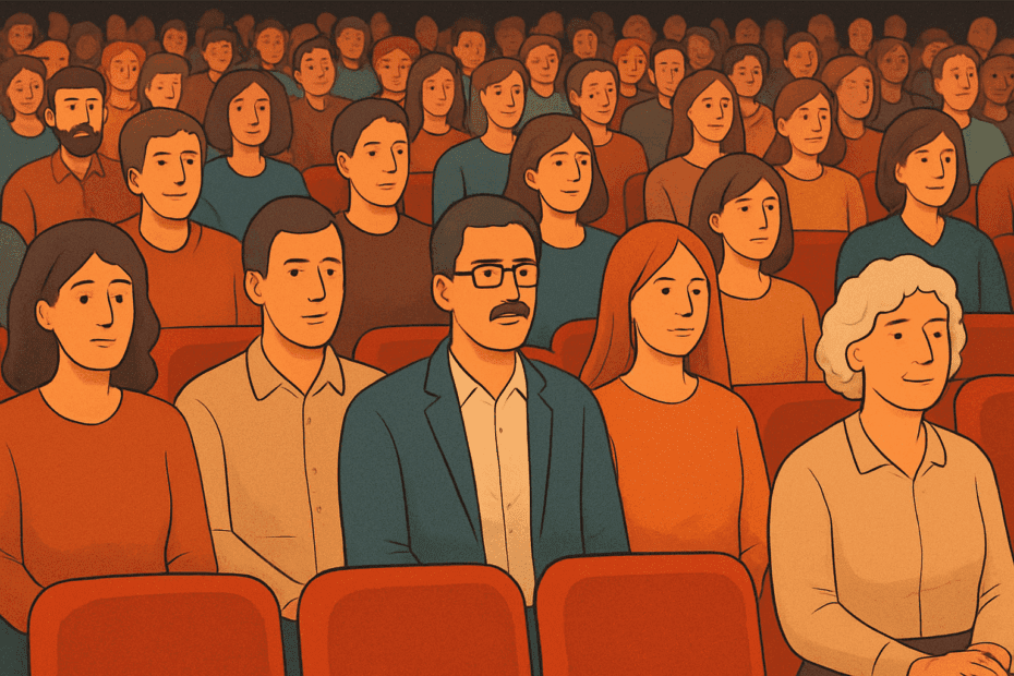 Koltuklarda oturan çok sayıda kişinin bulunduğu, kalabalık bir topluluğu gösteren illüstrasyon; kooperatif genel kurul toplantısını temsilen hazırlanmış seyirci kitlesi görünümü.