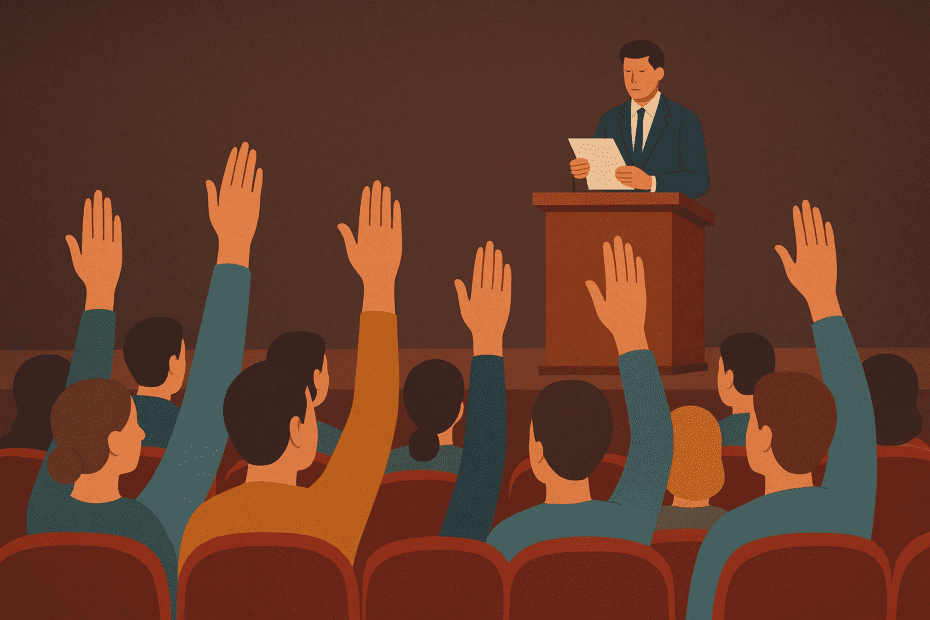 Kooperatif genel kurulunda yönetim kurulu ibrası oylamasını gösteren bir illüstrasyon. Bir kürsüde gündem maddesini okuyan kişi ve karşısında el kaldırarak oy kullanan çok sayıda ortak bulunmaktadır. Salon düzeninde gerçekleşen oylama, kooperatif yönetim kurulunun ibra edilmesi ve ibraya ilişkin karar süreçlerini temsil etmektedir.